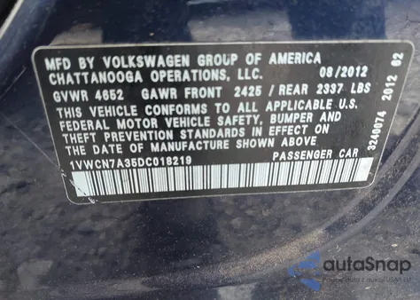 2013 Volkswagen Passat 2.0L Tdi Sel Premium из США, поврежденный, VIN 1VWCN7A35DC018219